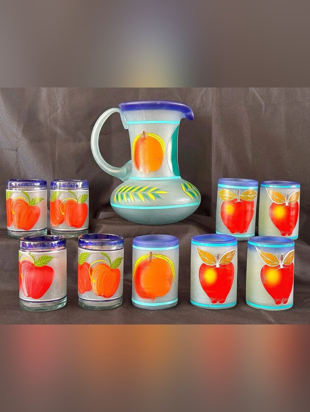 Hand-Painted Fruit Glass Pitcher and Tumbler Set - Blue Rim, Orange/Red Fruit